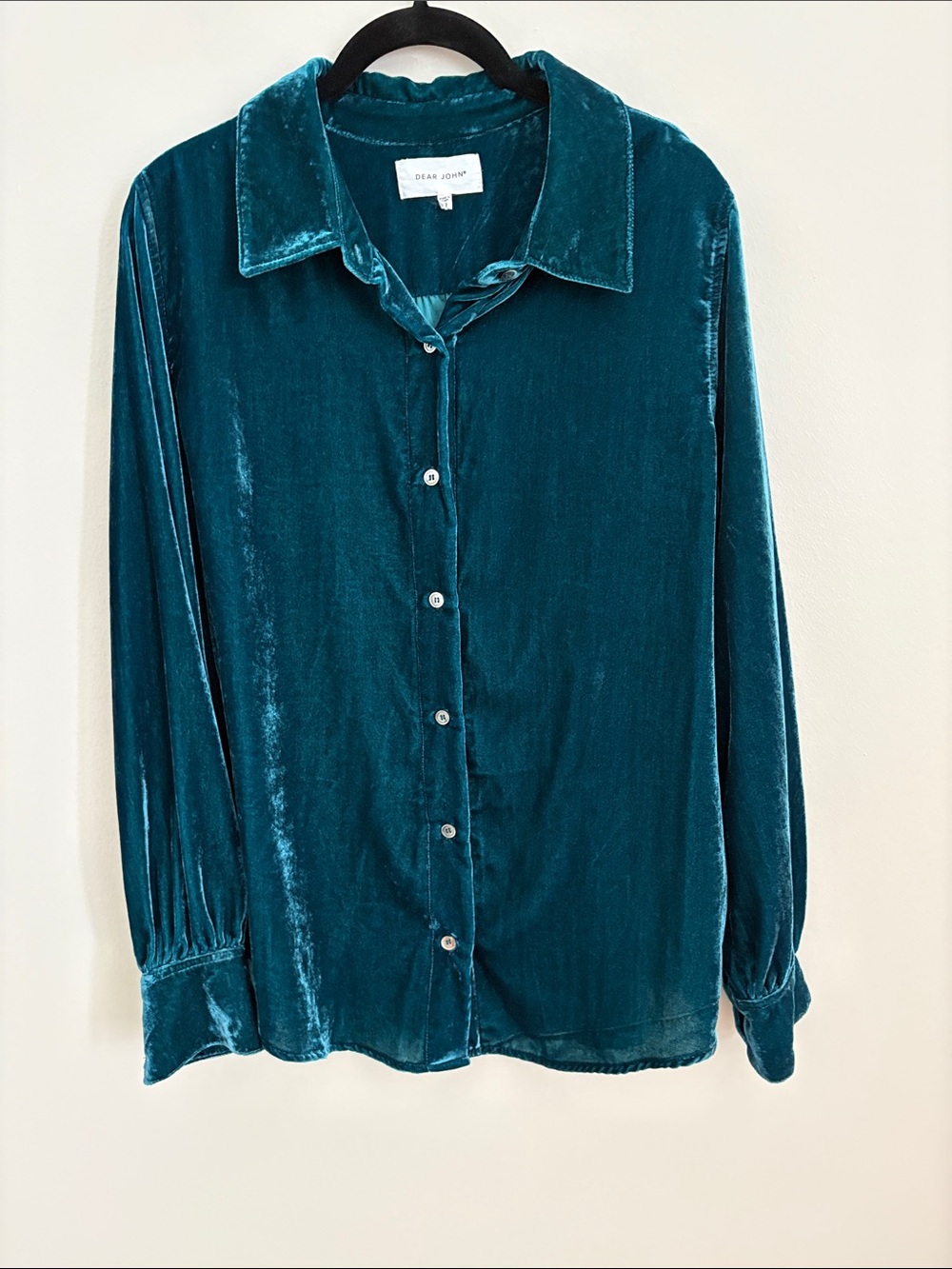 DEAR JOHN Teal Velvet Button-Down Blouse NWOTS